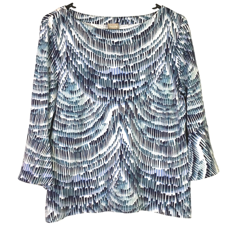 Chico's Abstract Geometric Bell Sleeve Top Size 1 M Blue